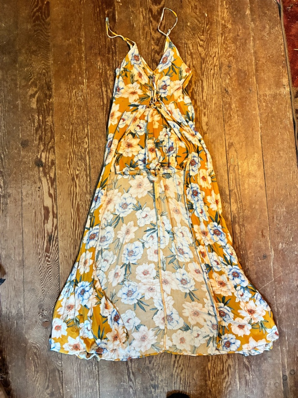 Forever 21 Mustard Yellow Floral romper with long back dress